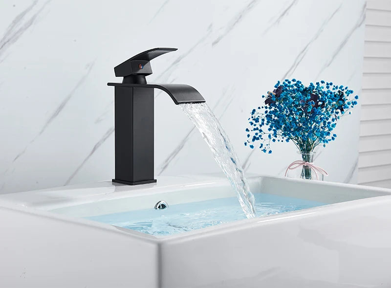 Waterfall Black Higher Basin Wash Basin Bathroom Cabinet Faucet Bathroom Nordic Black Paint Single Hole Faucet