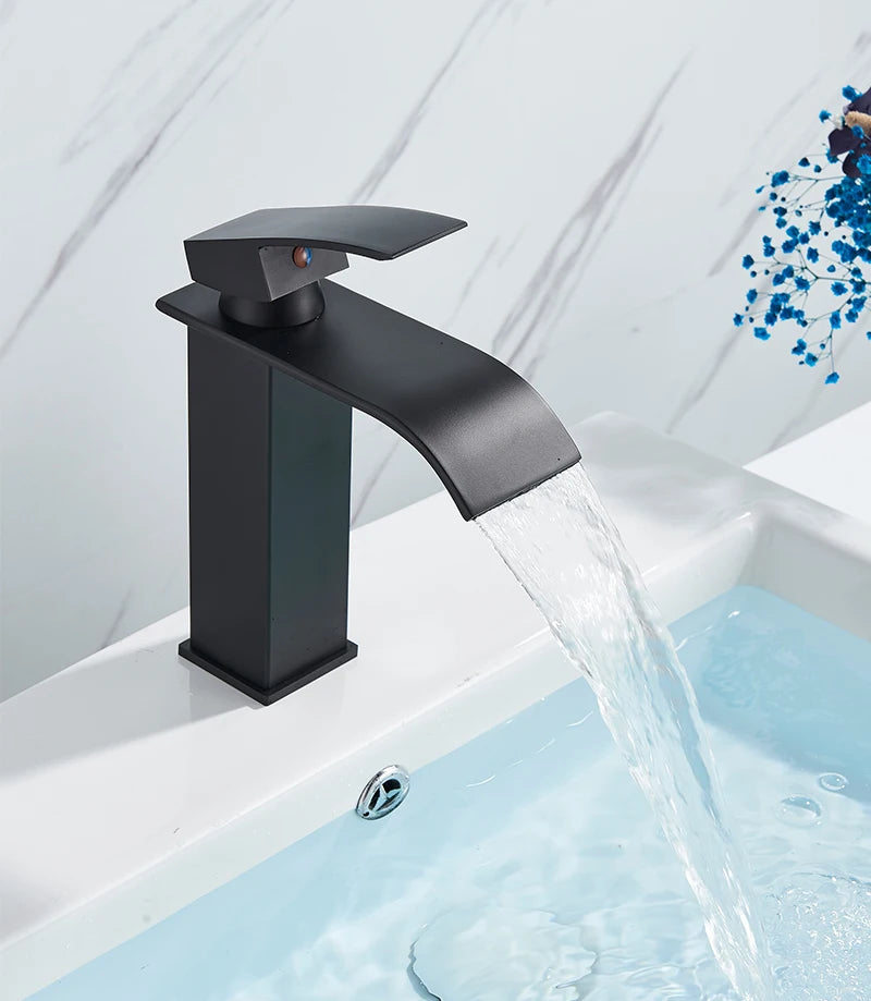 Waterfall Black Higher Basin Wash Basin Bathroom Cabinet Faucet Bathroom Nordic Black Paint Single Hole Faucet