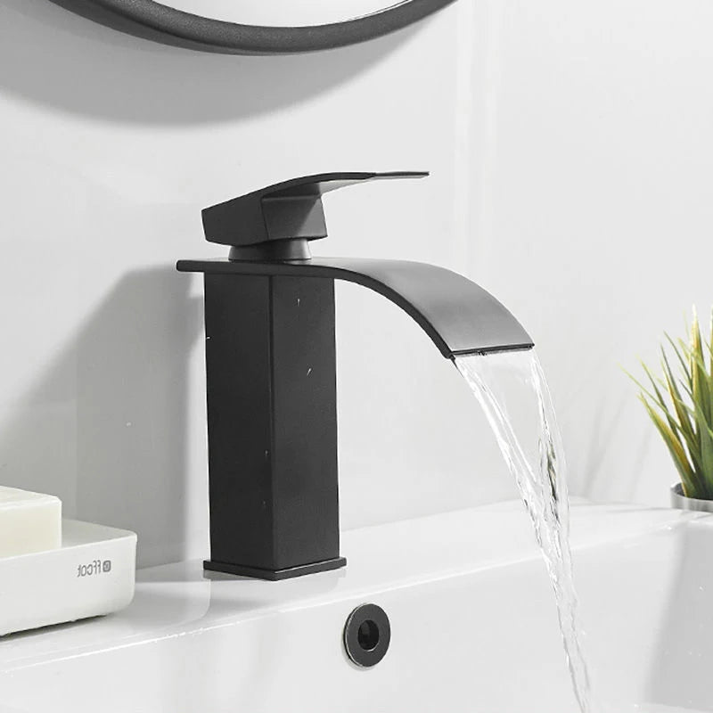 Waterfall Black Higher Basin Wash Basin Bathroom Cabinet Faucet Bathroom Nordic Black Paint Single Hole Faucet