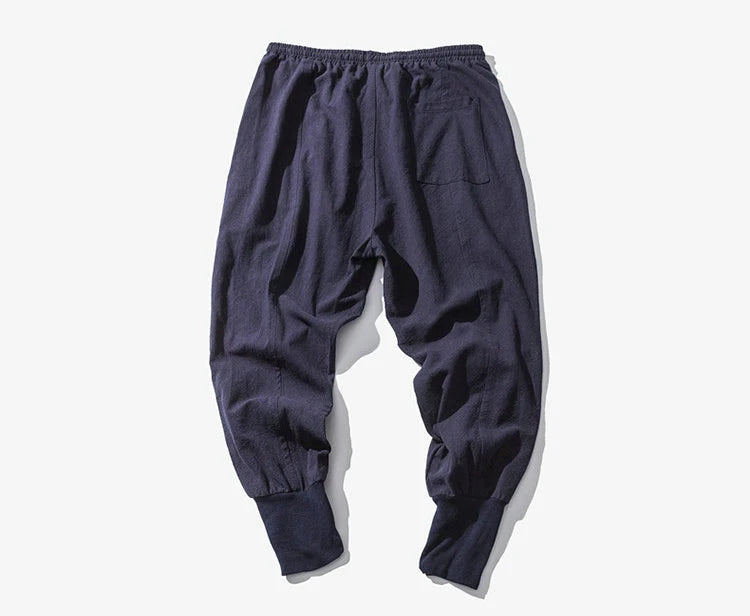 Cotton Linen Harem Pants Men Solid Elastic Waist Streetwear Joggers New Baggy Drop-crotch Pants Casual Trousers Men