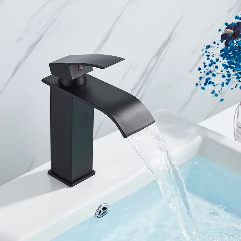 Waterfall Black Higher Basin Wash Basin Bathroom Cabinet Faucet Bathroom Nordic Black Paint Single Hole Faucet