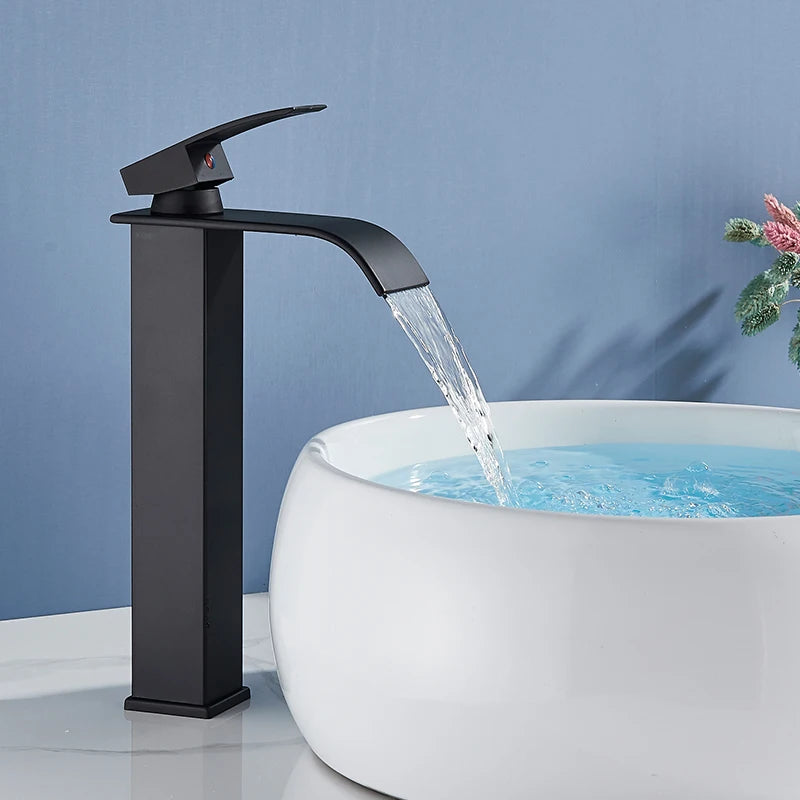 Waterfall Black Higher Basin Wash Basin Bathroom Cabinet Faucet Bathroom Nordic Black Paint Single Hole Faucet