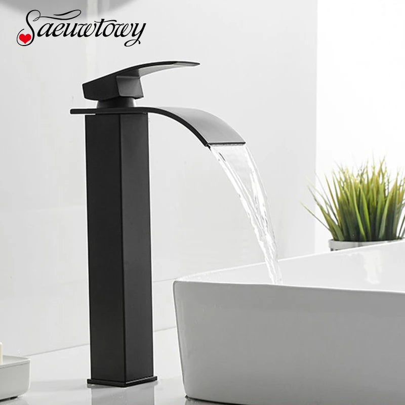 Waterfall Black Higher Basin Wash Basin Bathroom Cabinet Faucet Bathroom Nordic Black Paint Single Hole Faucet