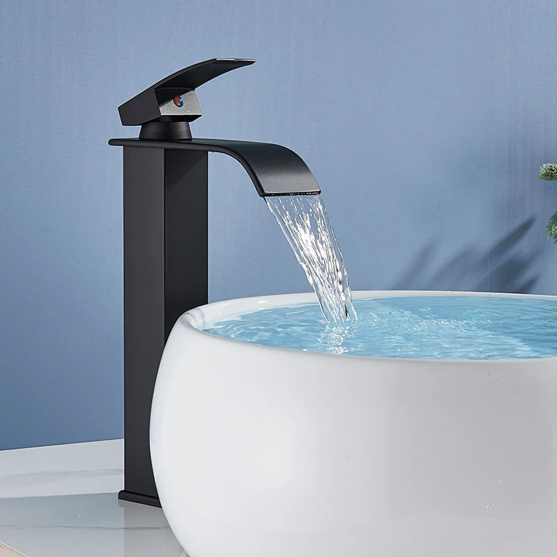 Waterfall Black Higher Basin Wash Basin Bathroom Cabinet Faucet Bathroom Nordic Black Paint Single Hole Faucet