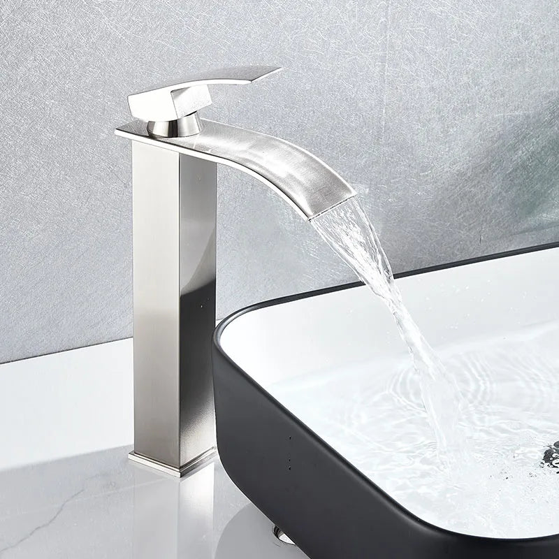 Waterfall Black Higher Basin Wash Basin Bathroom Cabinet Faucet Bathroom Nordic Black Paint Single Hole Faucet