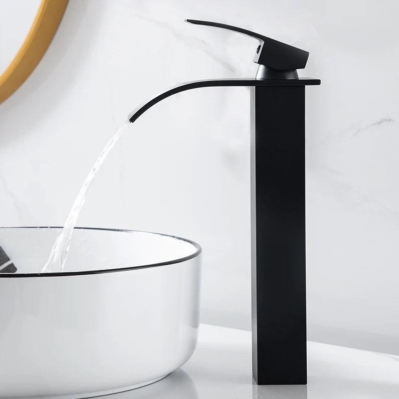 Waterfall Black Higher Basin Wash Basin Bathroom Cabinet Faucet Bathroom Nordic Black Paint Single Hole Faucet