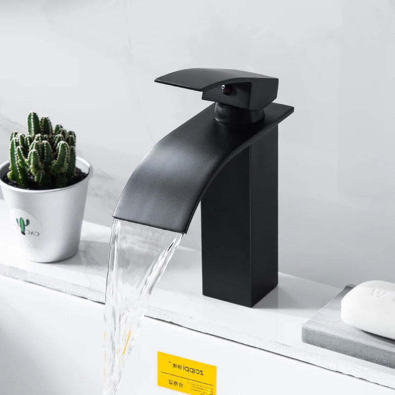 Waterfall Black Higher Basin Wash Basin Bathroom Cabinet Faucet Bathroom Nordic Black Paint Single Hole Faucet
