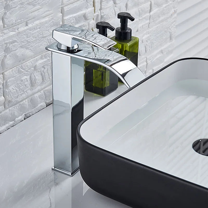 Waterfall Black Higher Basin Wash Basin Bathroom Cabinet Faucet Bathroom Nordic Black Paint Single Hole Faucet