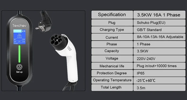Teschev Portable Electrical Car Charger Type 1 SAE J1772 Type 2 IEC 62196 GBT Charger 16A 1 Phase 3.5kW Wallbox Charging Station