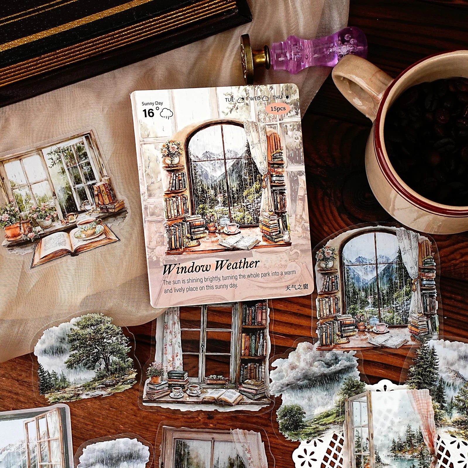 Etori Life Rain Forest Window Scenery Outdoor Mountain Stream Clouds Vintage Pattern Sticker Pack DIY Scrapbook Supplies, Photo Album, Children's Gift Paper Bag, Vintage Party, Student Stationery, Toy Stickers, Die-Cut Craft