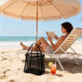 Large Mesh Beach Bag High Capacity Durable Polyester Strong Shoulder Straps Black Khaki Ideal Travel Beach Shopping Vacation