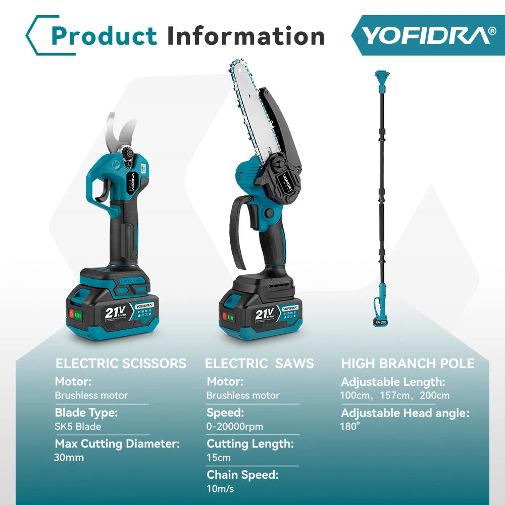 YOFIDRA Brushless Telescoping Pole Electric Chainsaw Scalable Pruner Shear Scissors Garden Tool For Makita 21V Battery Pin