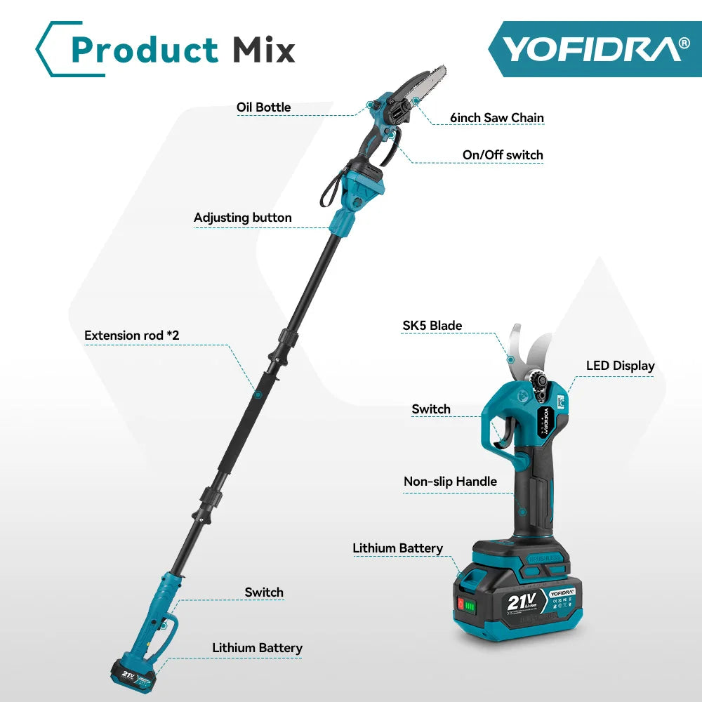 YOFIDRA Brushless Telescoping Pole Electric Chainsaw Scalable Pruner Shear Scissors Garden Tool For Makita 21V Battery Pin