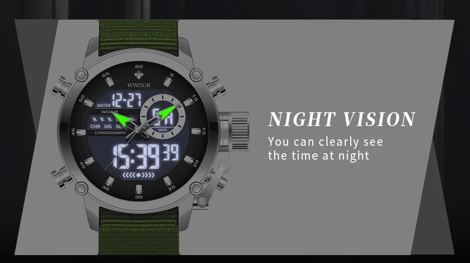 WWOOR New Fashion Military Sports Men's Nylon Watches Digital Quartz Wristwatch Waterproof Dual Display Clock Relogio Masculino