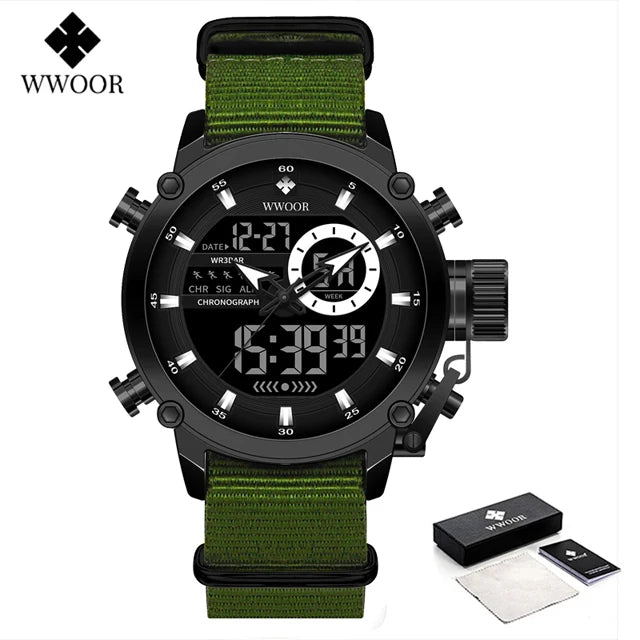 WWOOR New Fashion Military Sports Men's Nylon Watches Digital Quartz Wristwatch Waterproof Dual Display Clock Relogio Masculino