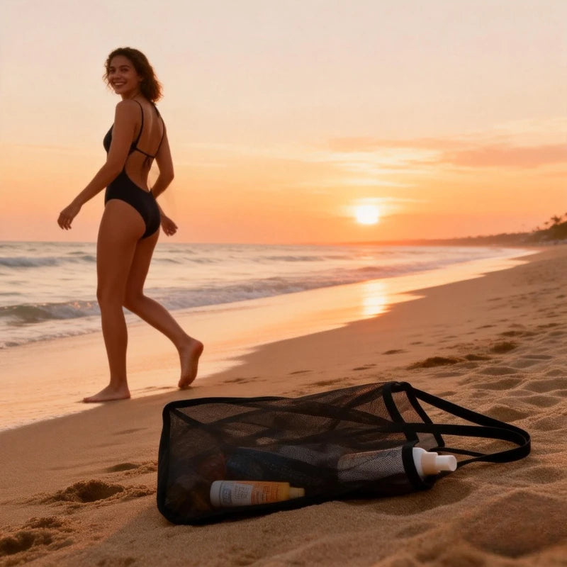 Large Mesh Beach Bag High Capacity Durable Polyester Strong Shoulder Straps Black Khaki Ideal Travel Beach Shopping Vacation