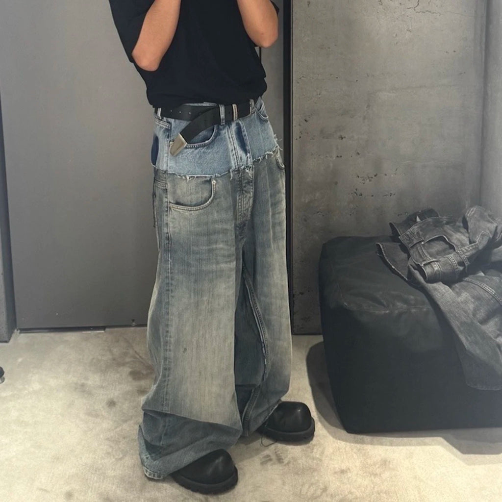 CUT-UP Double-layer Double Waist Patchwork Baggy Jeans for Men and Women Straight Casual Loose Denim Trousers Oversized
