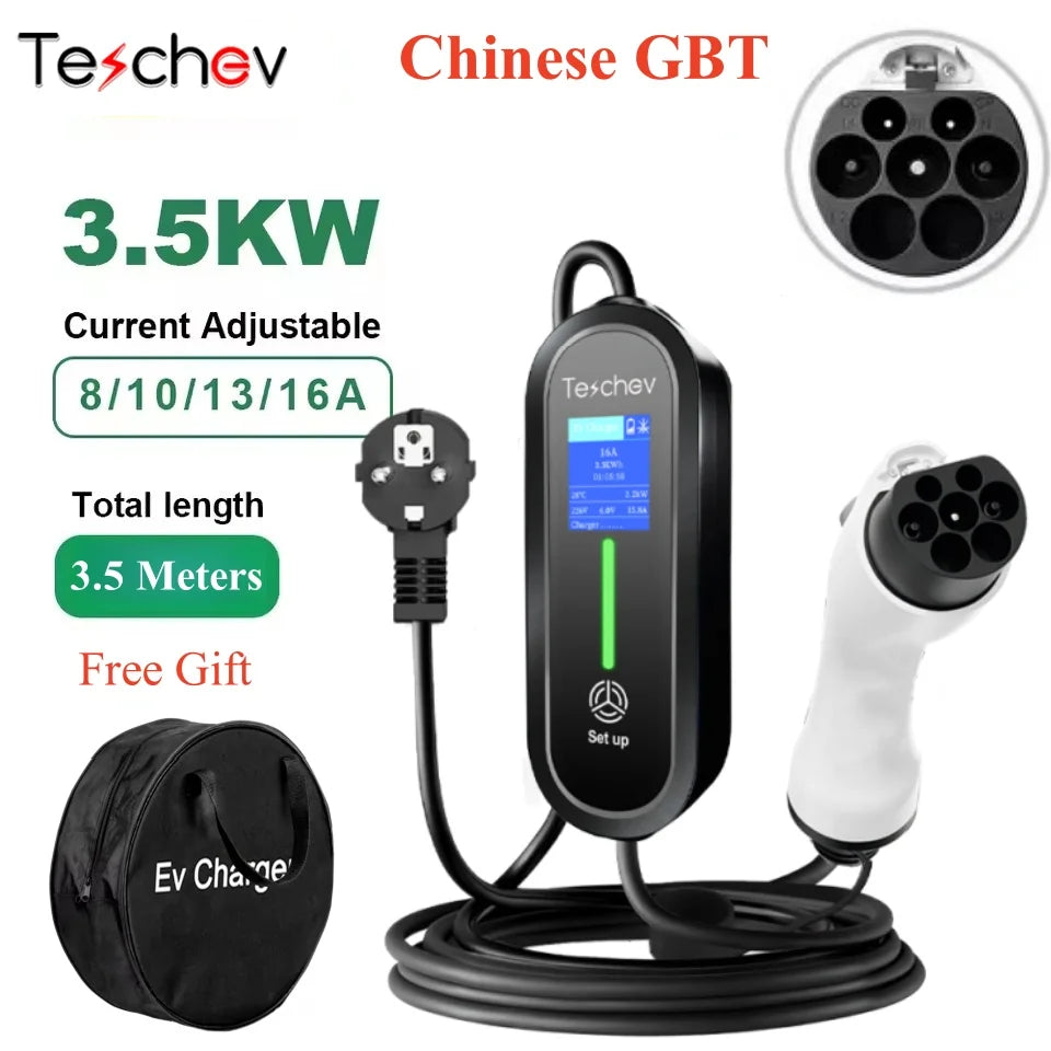 Teschev Portable Electrical Car Charger Type 1 SAE J1772 Type 2 IEC 62196 GBT Charger 16A 1 Phase 3.5kW Wallbox Charging Station