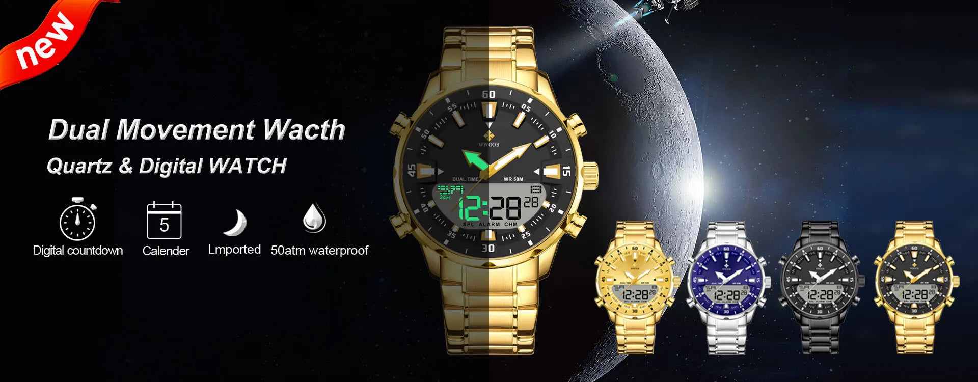 WWOOR New Fashion Military Sports Men's Nylon Watches Digital Quartz Wristwatch Waterproof Dual Display Clock Relogio Masculino