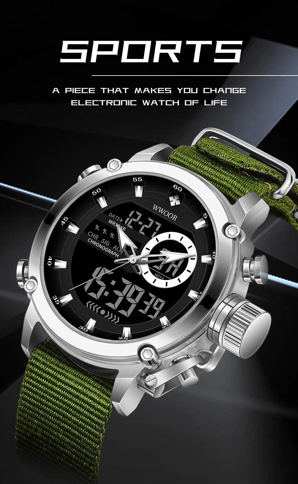 WWOOR New Fashion Military Sports Men's Nylon Watches Digital Quartz Wristwatch Waterproof Dual Display Clock Relogio Masculino