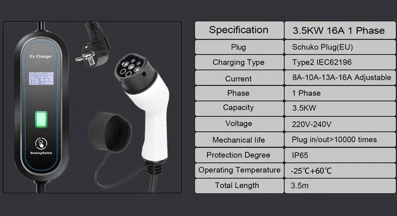 Teschev Portable Electrical Car Charger Type 1 SAE J1772 Type 2 IEC 62196 GBT Charger 16A 1 Phase 3.5kW Wallbox Charging Station
