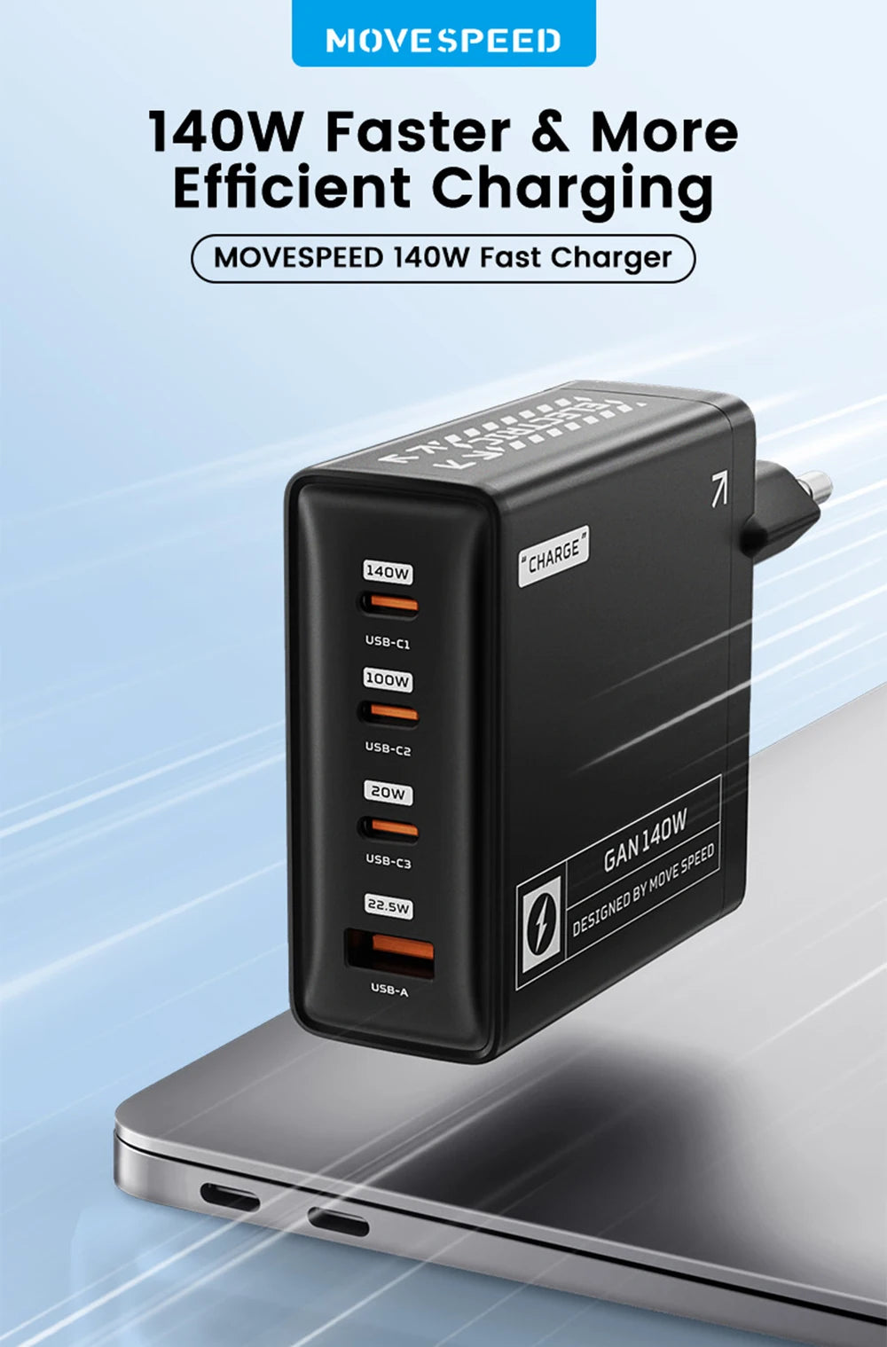 MOVESPEED 140W USB C Charger for MacBook Pro Air PD3.1 100W Type C Charging Station for iPhone 16 Lenovo Dell HP Surface Laptops