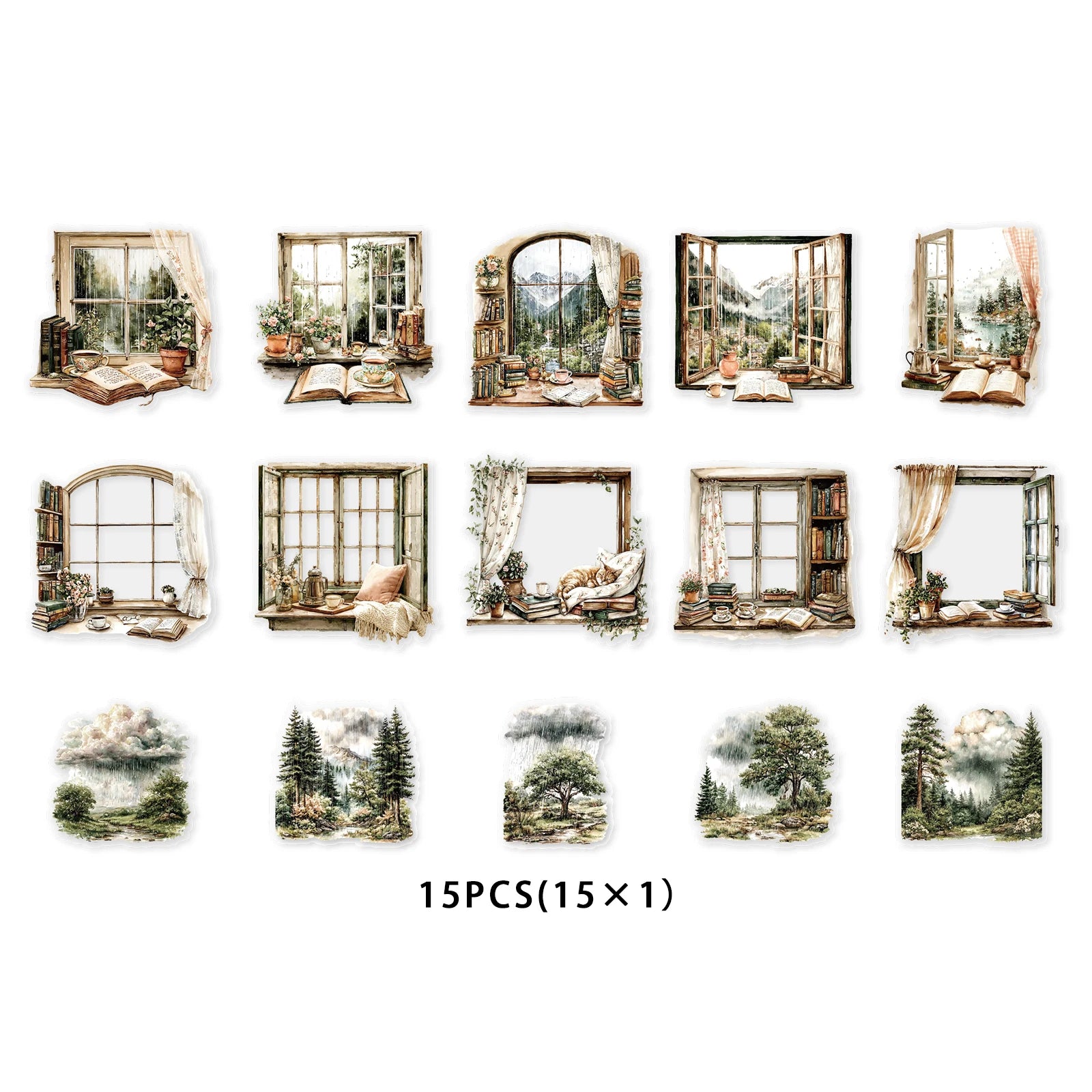 Etori Life Rain Forest Window Scenery Outdoor Mountain Stream Clouds Vintage Pattern Sticker Pack DIY Scrapbook Supplies, Photo Album, Children's Gift Paper Bag, Vintage Party, Student Stationery, Toy Stickers, Die-Cut Craft