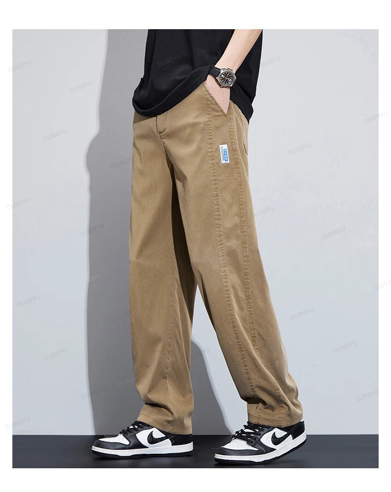 High Quality Summer Ultrathin Soft Lyocell Fabric Men's Casual Pants Elastic Waist Breathe Loose Straight Trousers Plus Size 5XL