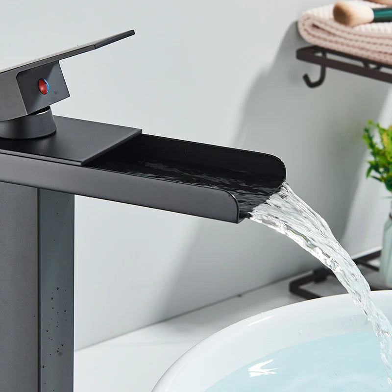 Waterfall Black Higher Basin Wash Basin Bathroom Cabinet Faucet Bathroom Nordic Black Paint Single Hole Faucet