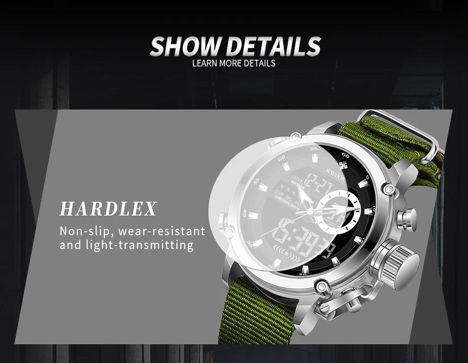 WWOOR New Fashion Military Sports Men's Nylon Watches Digital Quartz Wristwatch Waterproof Dual Display Clock Relogio Masculino