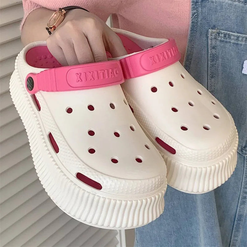 Beach cool slippers women's summer creative DIY muffin thick bottom stepping on shit feeling cute hole shoes