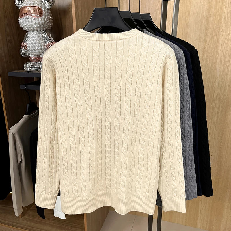 Luxury High-End Solid Color Long Sleeve Sweater Spring Autumn 2026 No.1 Sales Embroidered Fried Dough Twists Knitted