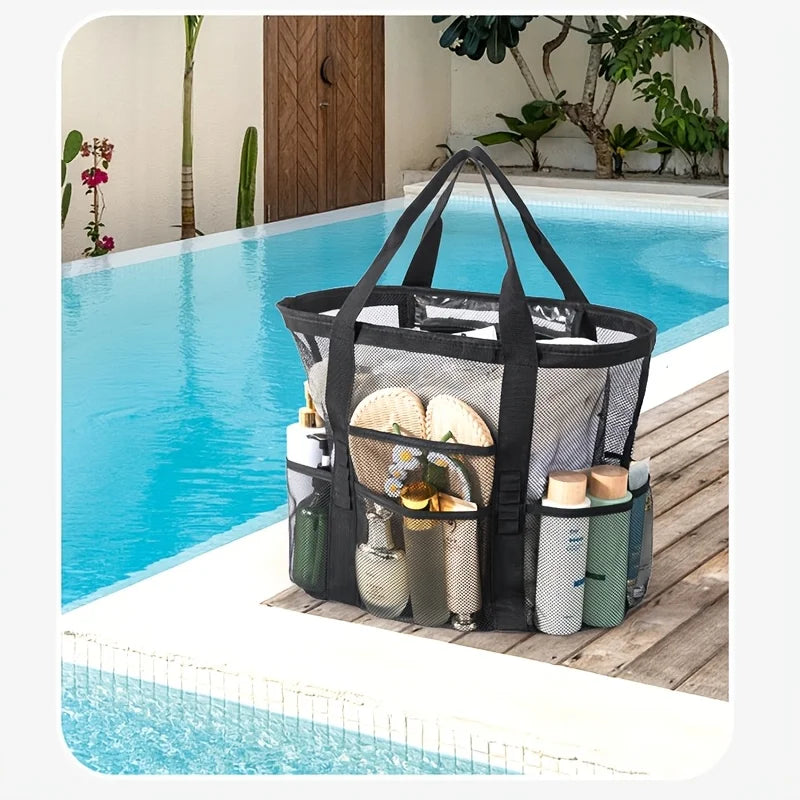 Beach Bags Sandproof Mesh Beach Pool Travel Storage Tote Bag with Multiple Pockets for Family Beach Bag for Vacation Essentials