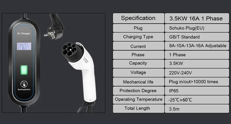 Teschev Portable Electrical Car Charger Type 1 SAE J1772 Type 2 IEC 62196 GBT Charger 16A 1 Phase 3.5kW Wallbox Charging Station