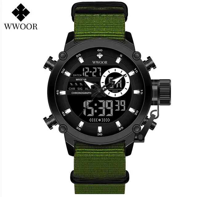 WWOOR New Fashion Military Sports Men's Nylon Watches Digital Quartz Wristwatch Waterproof Dual Display Clock Relogio Masculino