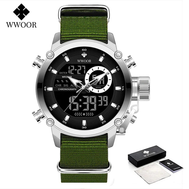 WWOOR New Fashion Military Sports Men's Nylon Watches Digital Quartz Wristwatch Waterproof Dual Display Clock Relogio Masculino