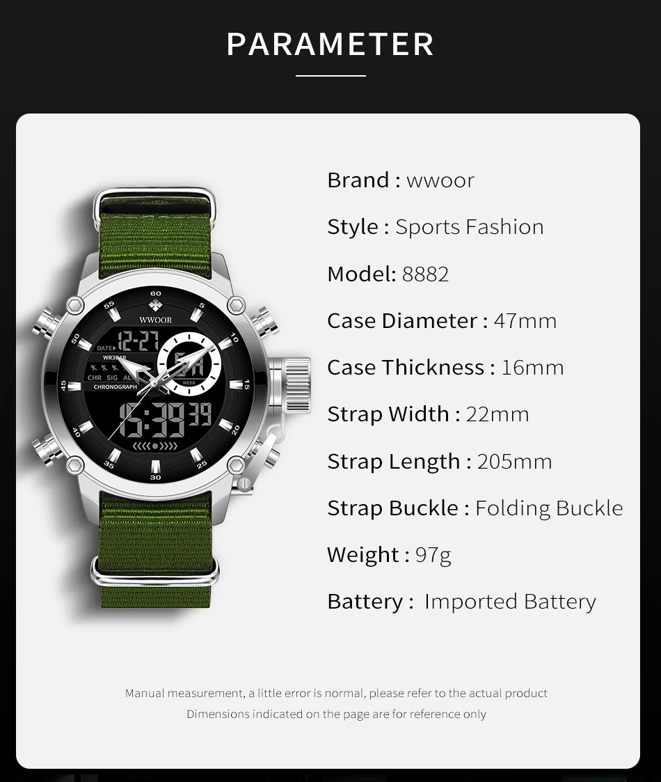 WWOOR New Fashion Military Sports Men's Nylon Watches Digital Quartz Wristwatch Waterproof Dual Display Clock Relogio Masculino