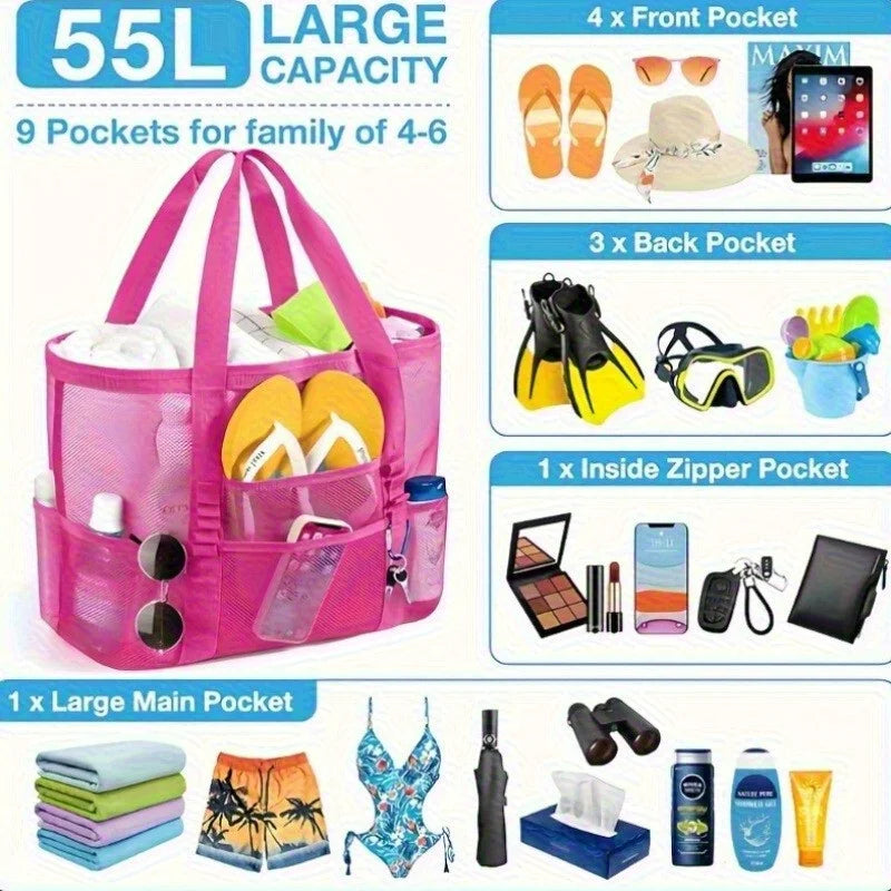 Beach Bags Sandproof Mesh Beach Pool Travel Storage Tote Bag with Multiple Pockets for Family Beach Bag for Vacation Essentials