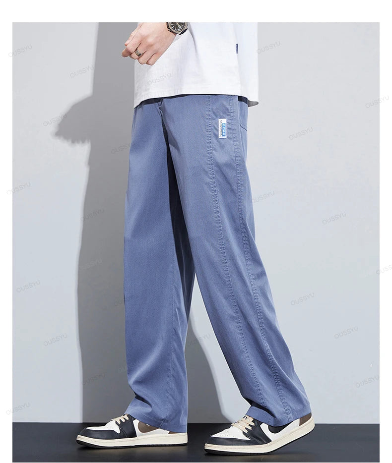 High Quality Summer Ultrathin Soft Lyocell Fabric Men's Casual Pants Elastic Waist Breathe Loose Straight Trousers Plus Size 5XL