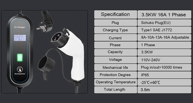 Teschev Portable Electrical Car Charger Type 1 SAE J1772 Type 2 IEC 62196 GBT Charger 16A 1 Phase 3.5kW Wallbox Charging Station
