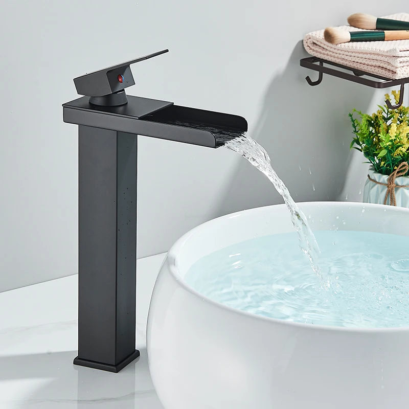 Waterfall Black Higher Basin Wash Basin Bathroom Cabinet Faucet Bathroom Nordic Black Paint Single Hole Faucet