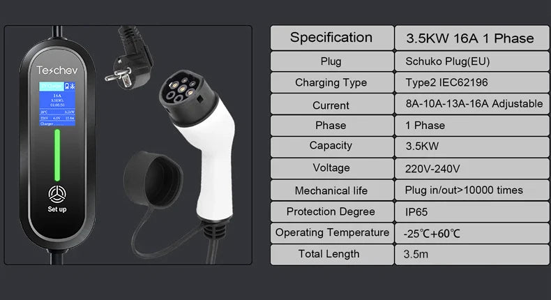 Teschev Portable Electrical Car Charger Type 1 SAE J1772 Type 2 IEC 62196 GBT Charger 16A 1 Phase 3.5kW Wallbox Charging Station