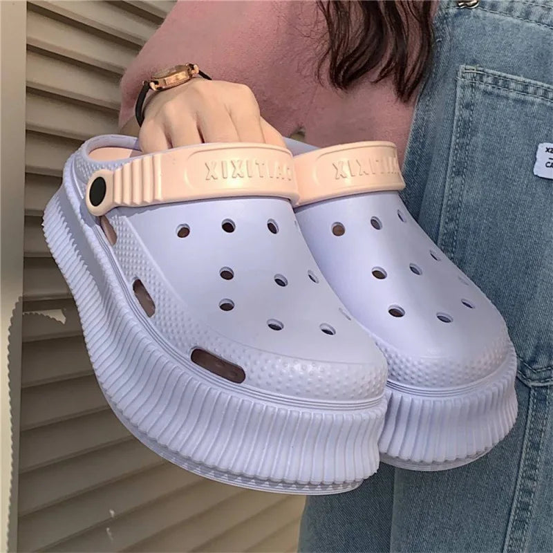 Beach cool slippers women's summer creative DIY muffin thick bottom stepping on shit feeling cute hole shoes