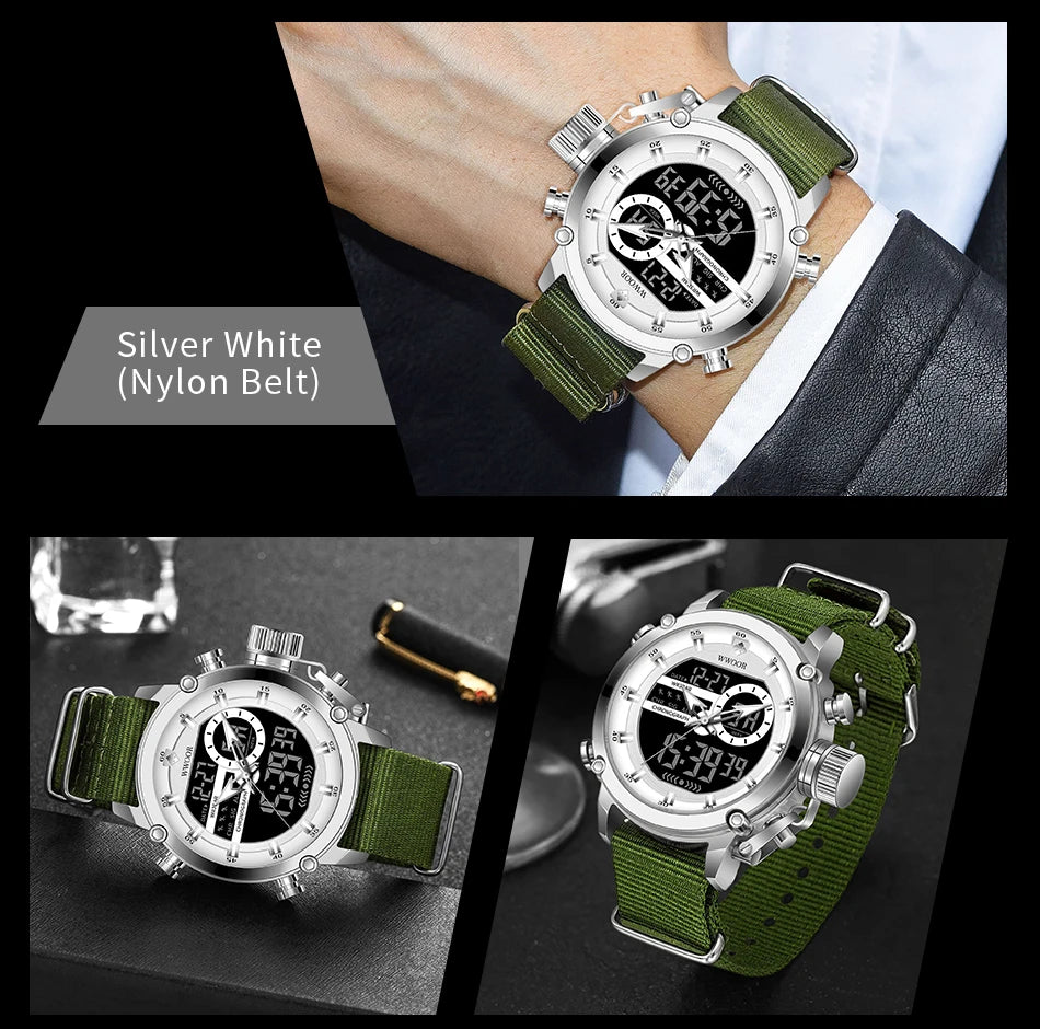 WWOOR New Fashion Military Sports Men's Nylon Watches Digital Quartz Wristwatch Waterproof Dual Display Clock Relogio Masculino