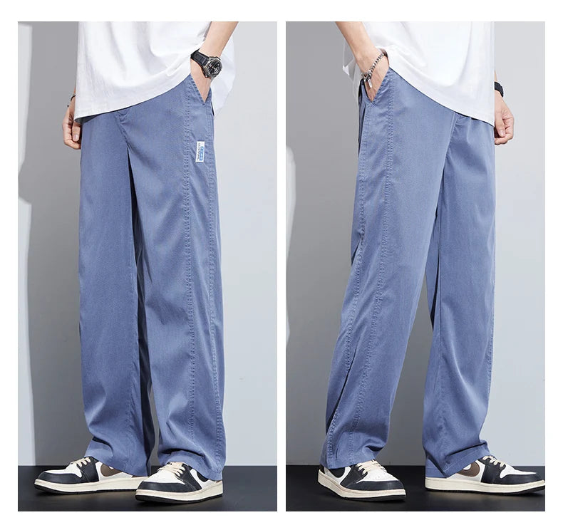 High Quality Summer Ultrathin Soft Lyocell Fabric Men's Casual Pants Elastic Waist Breathe Loose Straight Trousers Plus Size 5XL