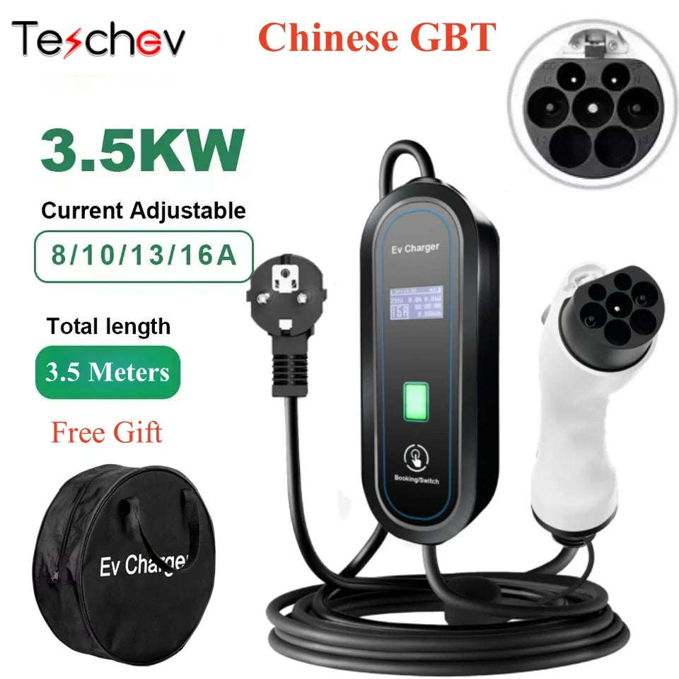 Teschev Portable Electrical Car Charger Type 1 SAE J1772 Type 2 IEC 62196 GBT Charger 16A 1 Phase 3.5kW Wallbox Charging Station