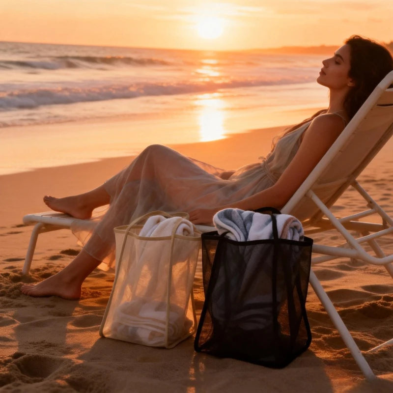 Large Mesh Beach Bag High Capacity Durable Polyester Strong Shoulder Straps Black Khaki Ideal Travel Beach Shopping Vacation