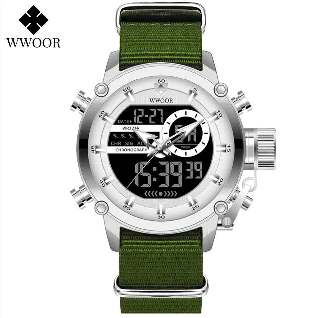 WWOOR New Fashion Military Sports Men's Nylon Watches Digital Quartz Wristwatch Waterproof Dual Display Clock Relogio Masculino