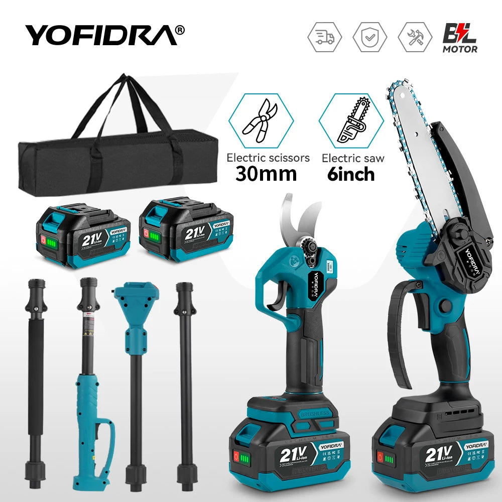 YOFIDRA Brushless Telescoping Pole Electric Chainsaw Scalable Pruner Shear Scissors Garden Tool For Makita 21V Battery Pin