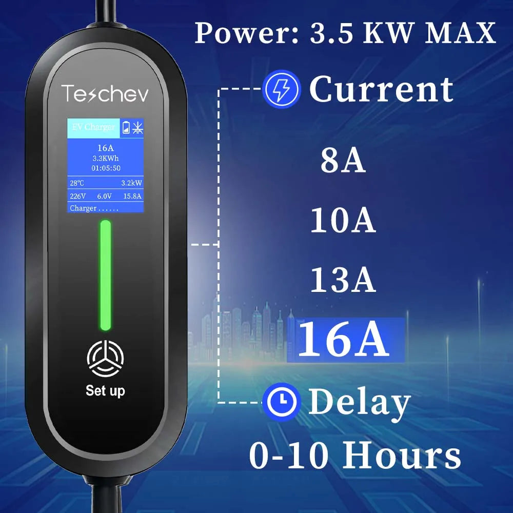 Teschev Portable Electrical Car Charger Type 1 SAE J1772 Type 2 IEC 62196 GBT Charger 16A 1 Phase 3.5kW Wallbox Charging Station
